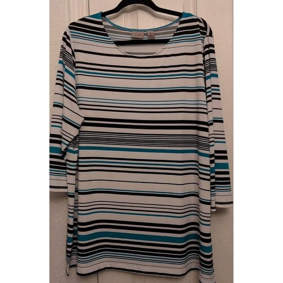 CHICO'S EASYWEAR Women's Size 3 Blouse Top Black White Aqua Striped 3/4 Sleeves - Picture 1 of 5